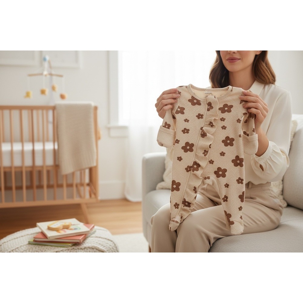 Newborn Waffle Knit Floral Ruffle Footie Sleeper Cream Brown Zipper Pajamas